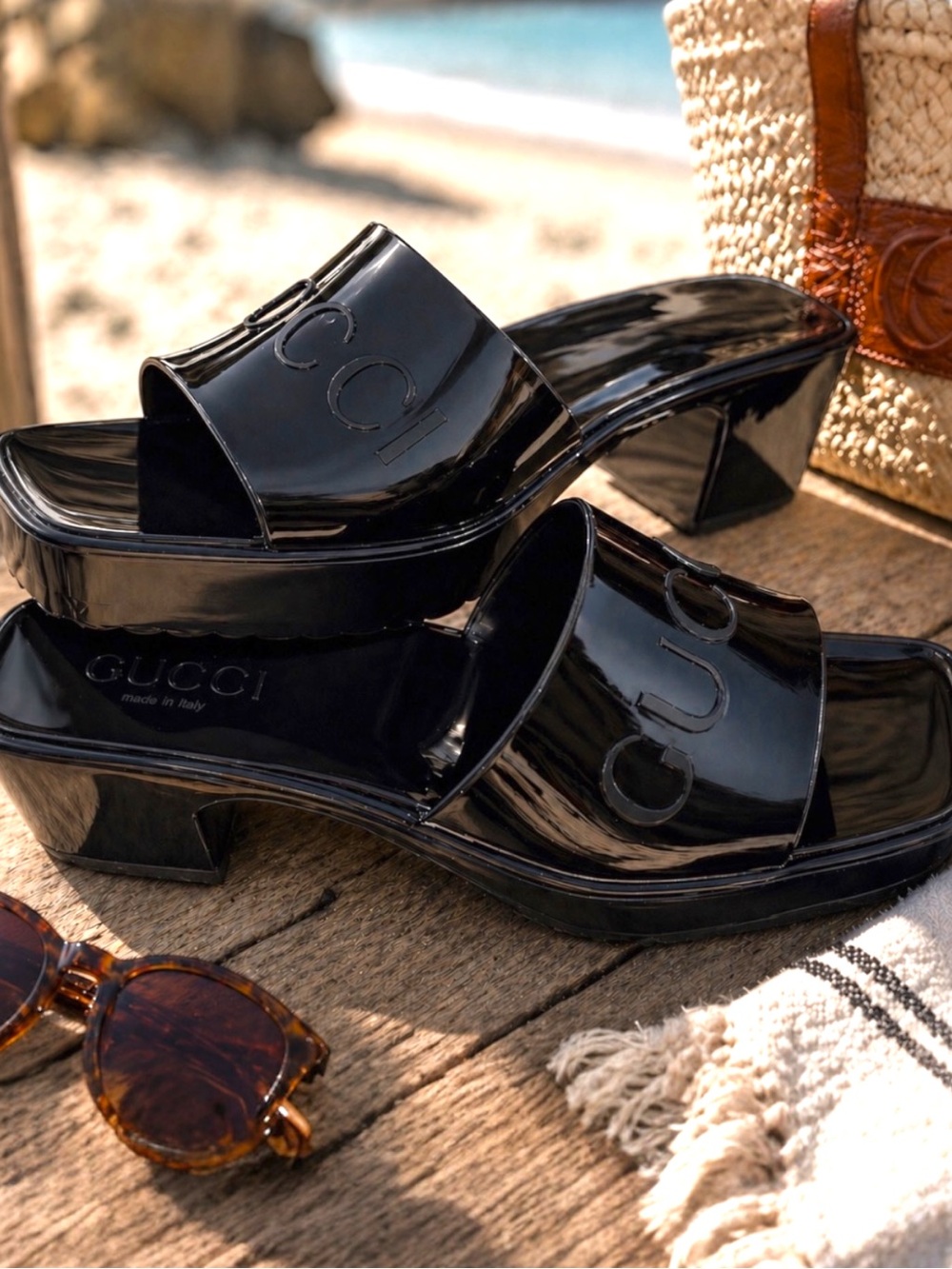 Authentic Gucci Black Embossed Patent/Rubber Platform Slide Mules IT 38 COA - Picture 3 of 14